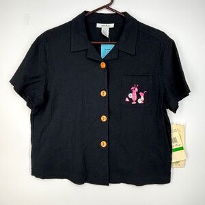 Natalie & Me Weekend Womens PETITE Large Button Front Shirt Black Pink Cocktails